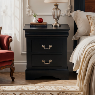 Sunvega Black Finish Traditional Bedroom Nightstand with Two Drawers and Metal Handles