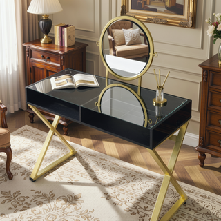 Sunvega White and Gold Vanity Desk with Mirror and Jewelry Storage Tray