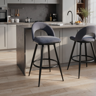 Sunvega Black Metal Bar Stool with Gray Faux Leather and 360-Degree Swivel