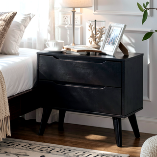 Sunvega Mid-Century Modern Black Solid Wood Nightstand with 2 Drawers and Round Tapered Legs