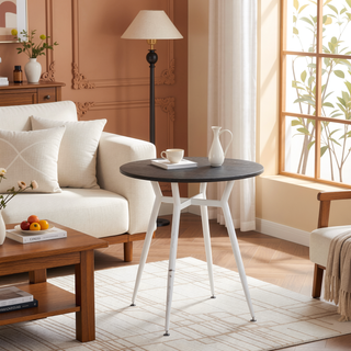 Sunvega Clara Industrial Round Dinette Table with Vintage White Metal and Espresso Wood Top