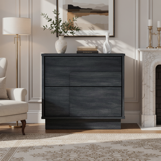 Sunvega Modern Whitewashed Oak Nightstand with Two Push Open Drawers for Bedroom