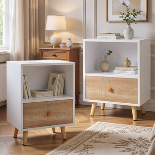 Sunvega Modern White Bedside Cupboard with Drawer and Shelf for Storage