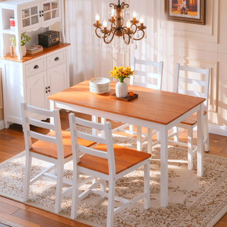 Sunvega Rustic Pine Wood Dining Table Set with Four High Back Chairs for Small Spaces