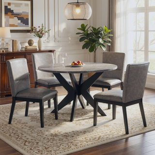Sunvega Round Faux-Marble Dining Table with Solid Wood Legs and Adjustable Levelers