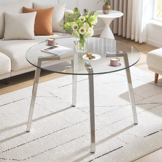 Sunvega Modern Minimalist Circular Transparent Tempered Glass Table with Golden Metal Legs