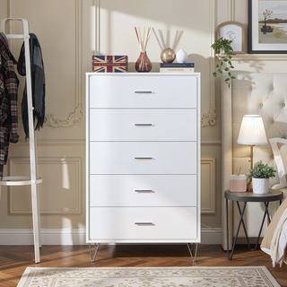 Sunvega Modern White Finish Chest with Five Spacious Drawers for Bedroom