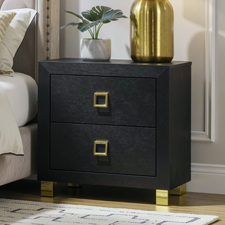 Sunvega Modern Black Nightstand with Center Glide Drawers and Gold Trim