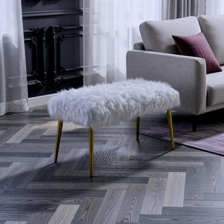 Sunvega White Faux Fur Upholstered Bench with Gleaming Gold Metal Legs