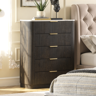 Sunvega Contemporary Dark Walnut Finish Chest with Artificial Marble Top and Metal Side Glides