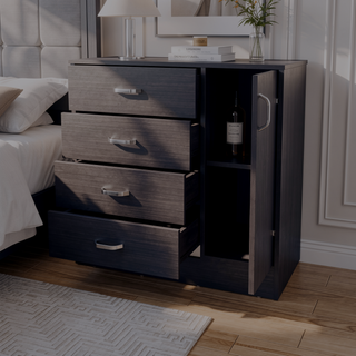 Sunvega Modern Wenge Dresser with 4 Spacious Drawers and Side Cabinet Shelf