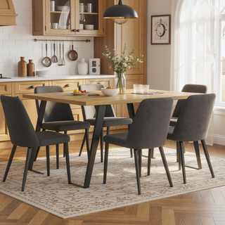 Sunvega Handcrafted Modern Industrial Square Dining Table for 8 with Solid Wood Oak Veneer