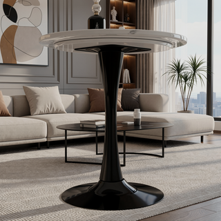 Sunvega Round White Pedestal Side Table with Marble Effect Top for Living Room