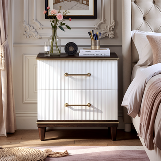 Sunvega Modern White and Cherry Finish Nightstand with Two Dovetail Drawers