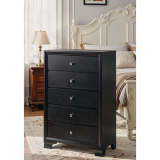 Sunvega Modern Glam Style Black Finish Five Drawer Chest Nightstand with Faux Crystal Pulls