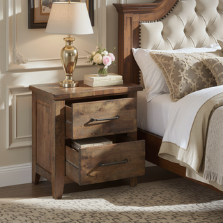 Sunvega Solid Rubberwood Nightstand with Burnished Brown Finish and 2 Dovetail Drawers