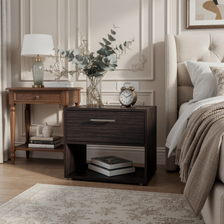 Sunvega Walnut Nightstand with Drawer and Open Storage Shelf for Bedroom