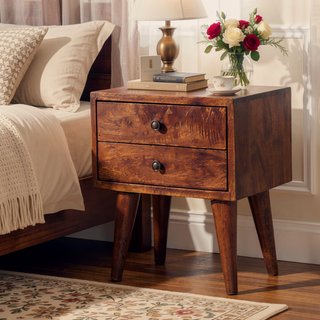 Sunvega Modern Bedside Table with 2 Drawers in Chestnut Dark Brown