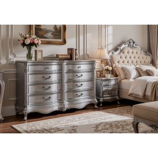 Sunvega Antique Platinum Finish Nightstand with Intricate Details for Bedroom