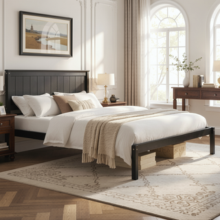 Sunvega Sturdy Wood Platform Bed Frame with Headboard for Queen Size Oak Finish