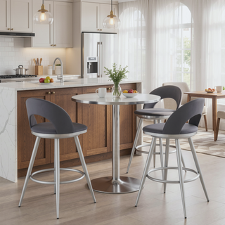 Sunvega Swivel Bar Stool with Gray Faux Leather Upholstery and Brushed Steel