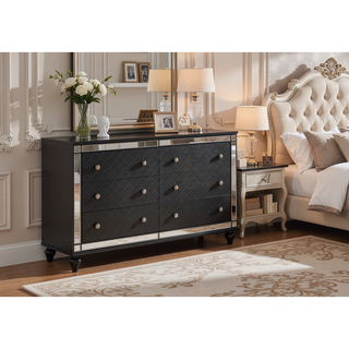 Sunvega Traditional Six-Drawer Dresser with Mirror Accents and Gray Finish