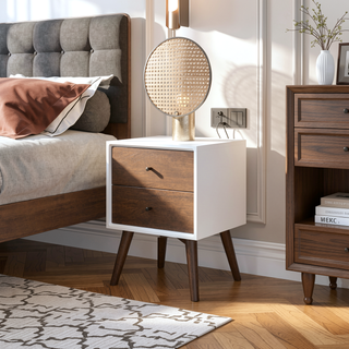 Sunvega Mid Century Modern White Night Stand with 2 Drawers for Bedroom