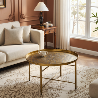 Sunvega Gold Vintage Metal Coffee Table with Hammered Tray Top for Living Room
