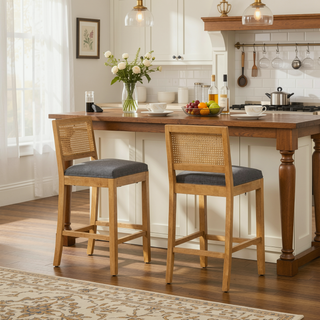 Sunvega Full Solid Wood Rattan-Back Bar Stool with Matte Linen Cushion for Kitchen Island