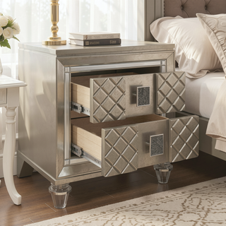 Sunvega Glamorous Champagne Finish Nightstand with 2 Dovetail Drawers and Beveled Mirror Trim
