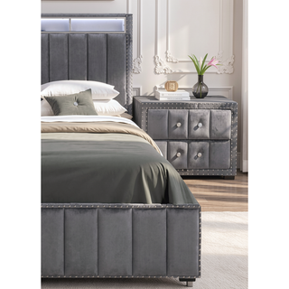 Sunvega Beige Contemporary Nightstand with Crystal Knobs and Vertical Tufting