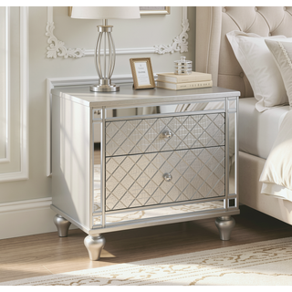 Sunvega Modern Luxury Nightstand with Silver Finish and Diamond Patterned Drawer Fronts