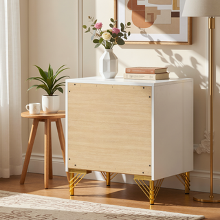 Sunvega White Nightstand with Gold Trim and Two Drawers for Bedroom Storage