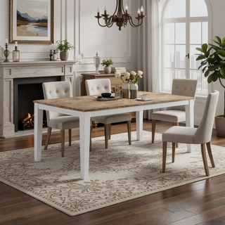 Sunvega Farmhouse-Inspired Rectangular Dining Table with White Base and Brown Wood Top