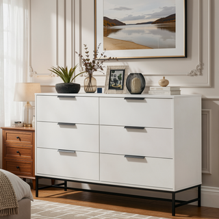 Sunvega Modern Minimalist White Six-Drawer Dresser with Black Bar Pulls for Bedroom