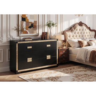 Sunvega Lively Black and Gold Nightstand with Glitter Detail and Spacious Drawers