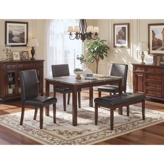 Sunvega Espresso Brown Finish Faux Marble Top Dining Table with 4 Cushioned Chairs