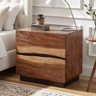 Sunvega Smokey Walnut and Coffee Bean 2-Drawer Nightstand with Asymmetrical Design