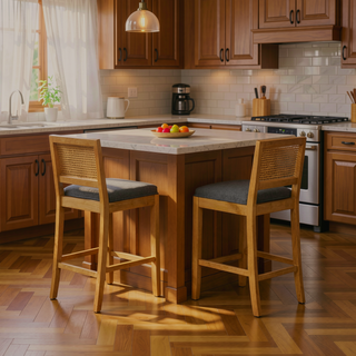 Sunvega Full Solid Wood Rattan-Back Bar Stool with Matte Linen Cushion for Kitchen Island