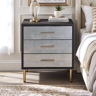 Sunvega Black Silver Gold Nightstand with Three Drawers Crocodile Pattern Fronts