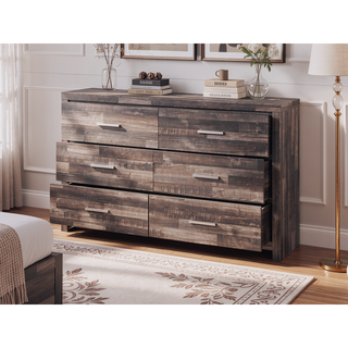 Sunvega Dark Cherry Finish Wooden Dresser with Six Spacious Drawers for Bedroom