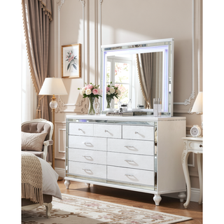 Sunvega Silver Mirror Framed 6-Drawer Dresser with Diamond Accent Handles