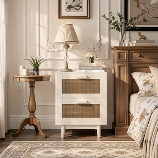 Sunvega Rattan Style Nightstand with 2 Faux Rattan Drawers for Bedroom and Living Room