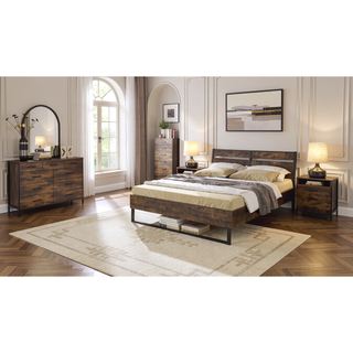 Sunvega Rustic Oak and Black Frame 6-Drawer Dresser with Metal Glide Drawers
