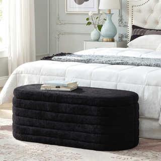 Sunvega Modern Oval Upholstered Boucle Teddy Fabric Storage Ottoman Bench with Safety Hinge