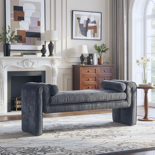 Sunvega Modern Glam Accent Bench with Chenille Upholstery and Bolster Pillows