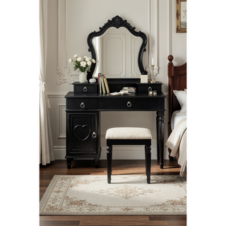 Sunvega Silver Color Rubber Wood Vanity Set with Stool and Open Up Mirror Storage