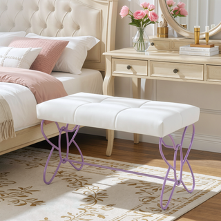 Sunvega Butterfly Design Armless Bench with Padded White Faux Leather Seat
