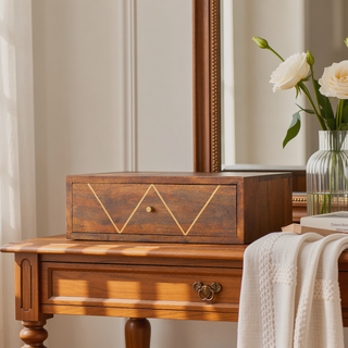 Sunvega Wall Mounted Solid Mango Wood Bedside Table with Brass Inlay Drawer