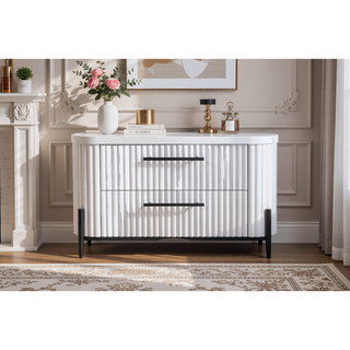 Sunvega White 2 Drawer Nightstand with USB Charging Port and Reeded Fronts
